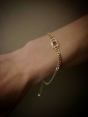 Gold Plated Bracelet with a Cuban Chain & Lock Accent w/ Stunning Ruby Red Stone